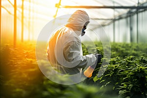 Grower applying biopesticides in a greenhouse, Controlled environment of a greenhouse