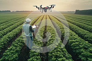grower, checking the health of his crops with drone shot