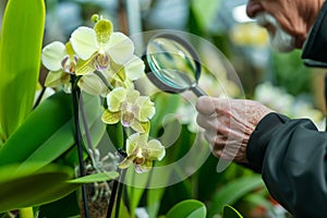 grower inspecting orchid leaves for pests with a magnifying glass