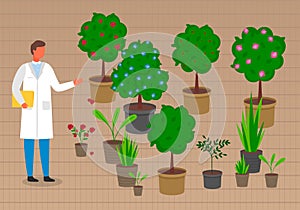 Grower or laboratory assistant near pots with trees, sprouts, flowers, plants in pots with soil