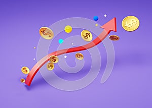 Growing 3d arrow, coins with a dollar symbol on a purple background, mockup. Uptrend stock market graph
