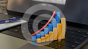 Growing 3D financial graph on laptop keyboard, financial statistics, analytics