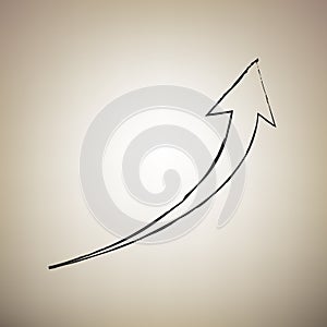 Growing arrow sign. Vector. Brush drawed black icon at light bro