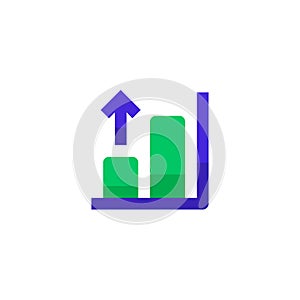 Growing bar chart icon design with rising up arrow symbol. simple clean professional business management concept vector