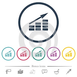 Growing bar graph solid flat color icons in round outlines