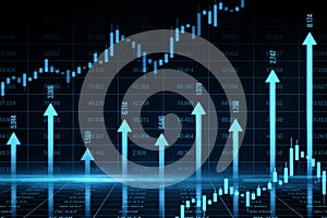 Growing blue vertical arrows and candlestick forex chart on dark index grid background. Economic growth and increase concept. 3D