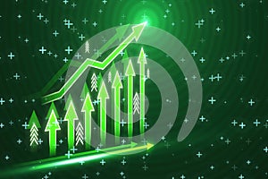 Growing business chart arrows on blurry dark bokeh background. Success, trend and financial growth concept. 3D Rendering