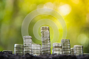 Growing Business Growth and Financial Cultivation of Plants from Coins in Glass Bottles on Green Background