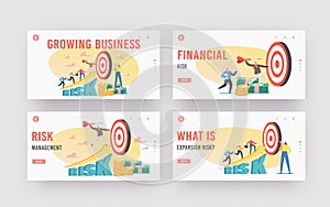 Growing Business, High Risk Project Landing Page Template Set. Tiny Characters Throw Huge Darts to Target, Achieve Goal