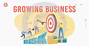 Growing Business Landing Page Template. Tiny Characters Throw Darts to Target. Office Workers Career Boost, High Risk