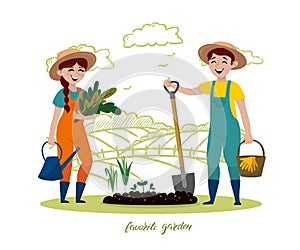Growing and care of plants.Illustration with young adult man and woman work in the garden