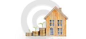 Growing coins  house on stack coins. Concept of Investment propert