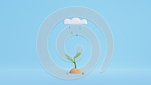Growing concept.Plant growing with rain water drop.Nature, ecology and growth concept. Abstract minimal scene with copy space.3D R