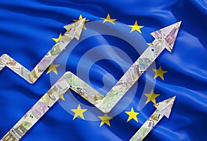 Growing Euro notes arrows over the flag of European Union.