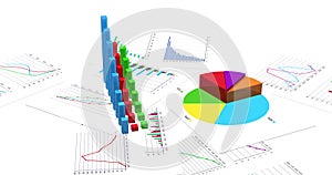 Growing financial charts on white background. Loopable 3D animation. 4K improved version