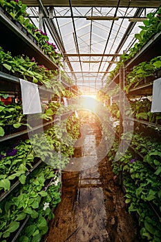 Growing of flower seedlings on shelves in greenhouse