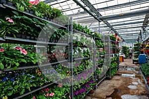 Growing of flower seedlings on shelves in greenhouse, selective focus