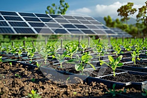 Growing fresh vegetables and fruits next to fields with solar panels, eco generation