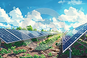 Growing fresh vegetables and fruits next to fields with solar panels, eco generation, illustration