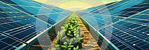 Growing fresh vegetables and fruits next to fields with solar panels, eco generation, illustration