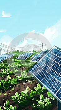 Growing fresh vegetables and fruits next to fields with solar panels, eco generation, illustration