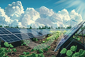 Growing fresh vegetables and fruits next to fields with solar panels, eco generation, illustration