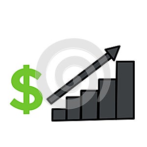 Growing graph and dollar icon. Histogram. The concept of growing your capital.
