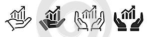 Growing graph in hand icons set. Hands holding graph with arrow icon. Success icon. Business growths chart. Profit growing sumbol