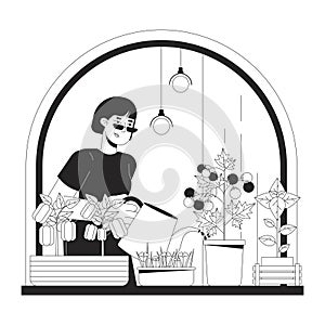 Growing indoor veggies windowsill black and white cartoon flat illustration