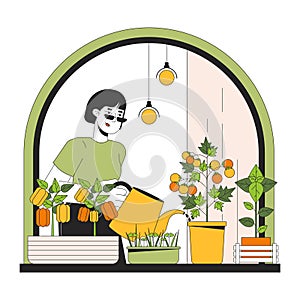 Growing indoor veggies windowsill line cartoon flat illustration