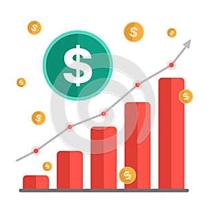 Growing money concept. Dollar sign with chart, rising arrow and coins. Vector illustration