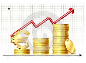 Growing money concept. Euro sign with chart, rising arrow and coins.