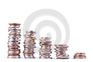 Growing money graph on a row of coin and pile of bath coins stack on white background finance business isolated