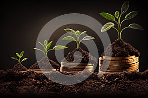 Growing Money - Plant On Coins - Finance and Investment Concept. Ai generative
