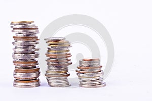 Growing money on row of coin on white background finance business isolated