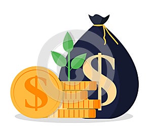 Growing money tree with Gold coins on branches icon. Symbol of wealth and Business success. Vector illustration