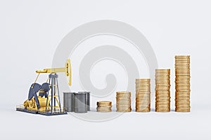Growing oil price coin chart on backdrop with mock up place. Up, gas and petrol concept. 3D Rendering