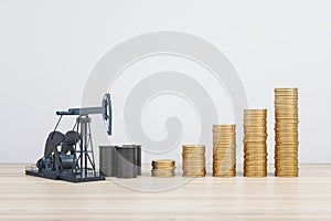 Growing oil price coin chart on background with mock up place. Up, gas and petrol concept. 3D Rendering