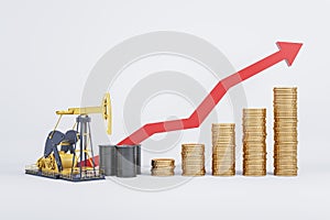 Growing oil price coin chart on background with red arrow and mock up place. Up, gas and petrol concept. 3D Rendering