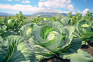 Growing organic vegetables and eco-friendly products. Rows of cabbage plantation in field under the sun rays. Generative AI