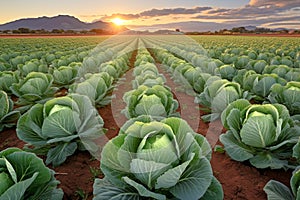 Growing organic vegetables and eco-friendly products. Rows of cabbage plantation in field under the sun rays. Generative AI