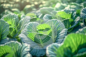 Growing organic vegetables and eco-friendly products. Rows of cabbage plantation in field under the sun rays. Generative AI