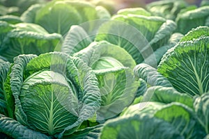 Growing organic vegetables and eco-friendly products. Rows of cabbage plantation in field under the sun rays. Generative AI