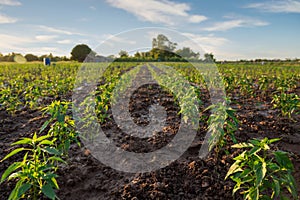 Growing peppers in the farm field. agriculture