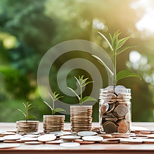 Growing plant amidst coins symbolizes smart investments and financial growth