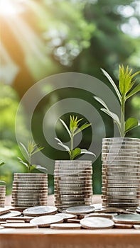 Growing plant amidst coins symbolizes smart investments and financial growth