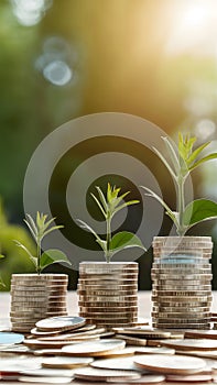 Growing plant amidst coins symbolizes smart investments and financial growth