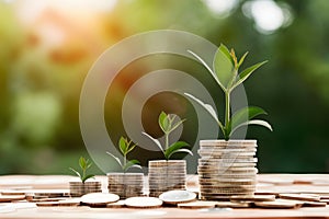 Growing plant amidst coins symbolizes smart investments and financial growth