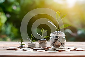 Growing plant amidst coins symbolizes smart investments and financial growth