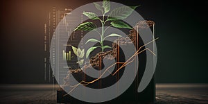 Growing plant with graph on dark background. Business growth concept. 3D Rendering